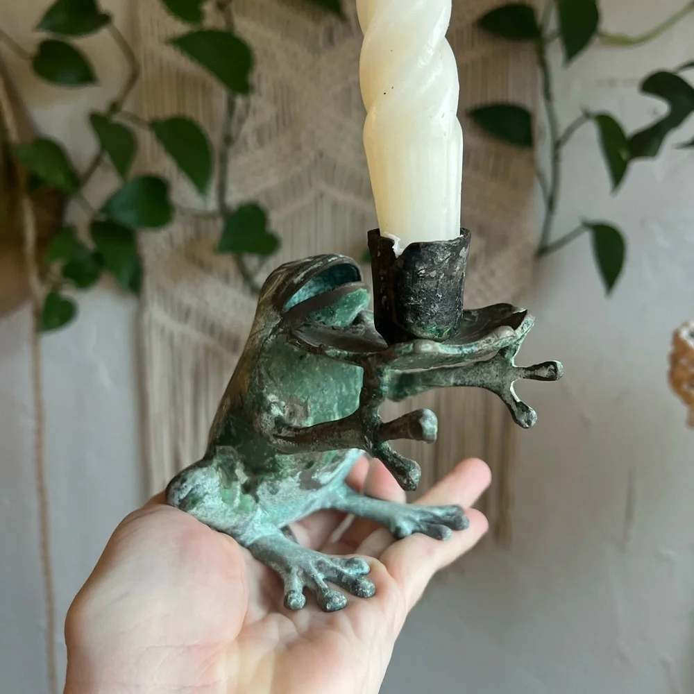 Vintage Cast Metal Frog Candle Holder – Verdigris Whimsical Cottagecore Decor